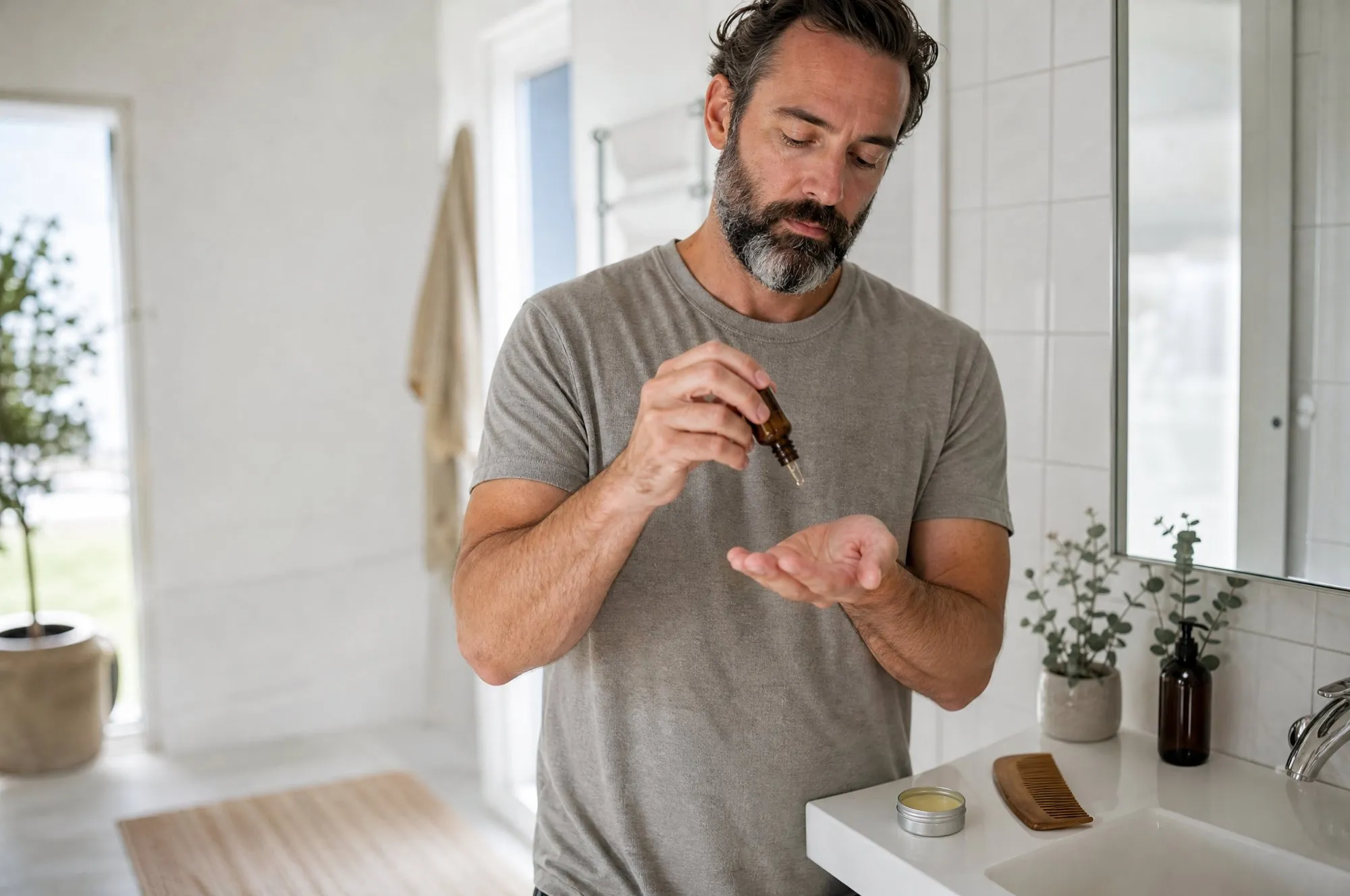 Man met een volle baard die zijn baard kamt voor de spiegel